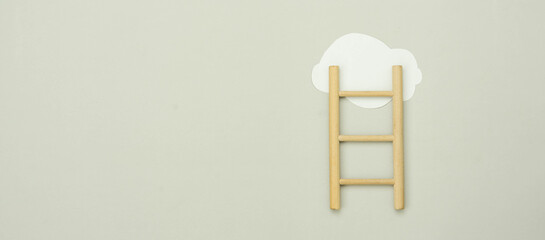 Top view wooden ladder with cloud same as step stair on  grey paper