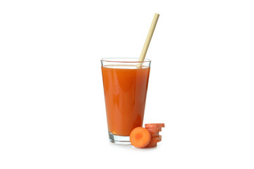 Glass of juice and carrot isolated on white background