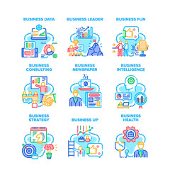 Business Strategy Set Icons Vector Illustrations. Business Data And Health, Leader Consulting And Presentation, Intelligence And Newspaper Reading News, Fun Time And Relaxation Color Illustrations