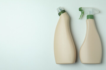 Blank detergent bottles on white background, space for text
