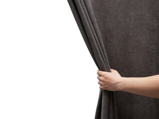 The woman's hand open gray curtain