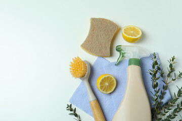 Cleaning concept with eco friendly cleaning tools on white background