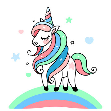Vector illustration of a cute magical baby unicorn, standing on the rainbow, colored curly mane and tail, around the stars and hearts on a white background