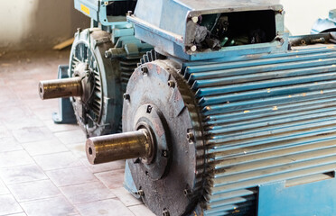 Industry. Damaged high power motors without belt pulleys.