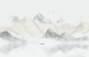 Hand painted Chinese style blue elegant landscape painting © 心灵艺坊