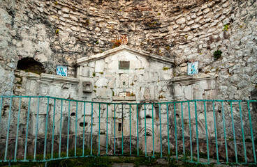 The wall of the stones of the ancient altar of the destroyed church of the IV-V century on the Iverskaya Mountain. New Athos, Abkhazia.