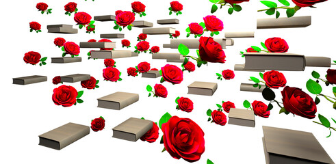 Render 3D de libros y rosas flotando en el aire. Fondo. Día mundial del Libro. Sant Jordi