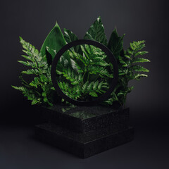 Natural product podium made with marble, stone, leaves and frame on black background. Concept stage...
