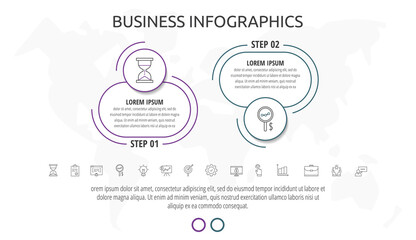 Line infographics circles with two steps, labels. Timeline data vector template. Used for diagram, business, web, banner, workflow layout, presentations, flowchart, content, chart, processes diagram