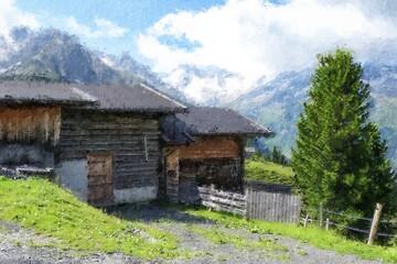 Fototapeta na wymiar Oil painting canvas of austrian tirol Farmland in high Tauern mountain range.