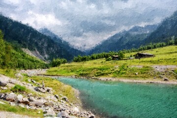 Oil painting canvas of Gerlos river in Zillertal Austria. Summer time. Stream flowing through valley.