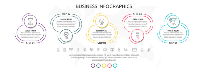 Line infographics circles with five steps, labels. Timeline data vector template. Used for diagram, business, web, banner, workflow layout, presentations, flowchart, processes diagram