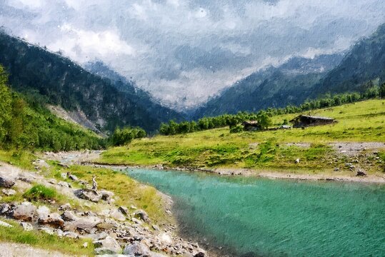 Oil painting canvas of Gerlos river in Zillertal Austria. Summer time. Stream flowing through valley. © lcrms