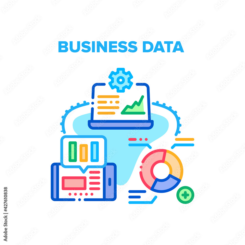 Poster business data vector icon concept. business data infographic analyzing on laptop and smartphone scre
