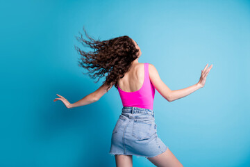 Naklejka premium Back rear view photo of young girl anonym enjoy hair care treatment isolated over blue color background