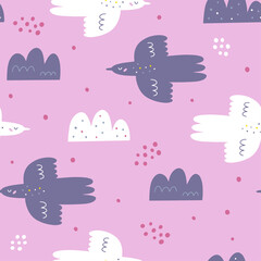 Seamless pattern with birds and clouds. Creative kids texture for fabric, wrapping, textile, wallpaper, apparel. Vector illustration