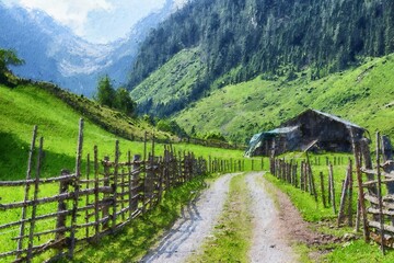 Oil painting canvas of austrian tirol Farmland in high Tauern mountain range.