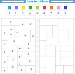  Worksheet for children. Color the empty shapes by number and color. Development of attention