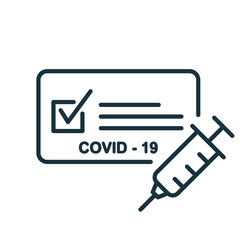 Vaccine Passport line icon. Vaccination Medical Card or Passport icon for travel. Certificate of Vaccination against Covid-19 with syringe. Editable Stroke. Vector illustration - obrazy, fototapety, plakaty