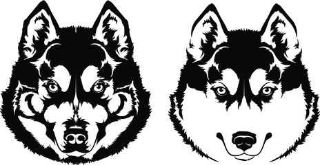 Beautiful black white dog head (muzzle) breed husky or wolf A set of elements for the logo or cutting out of needlework © SashaS