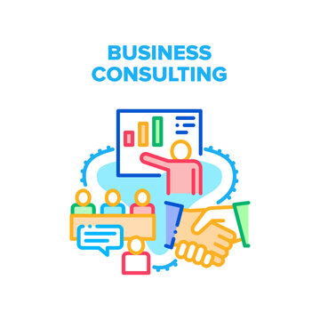 Business Consulting Advise Vector Icon Concept. Business Consulting Advise And Businessman Presentation On Meeting, Partners Handshaking After Successfully Deal. Consultant Color Illustration
