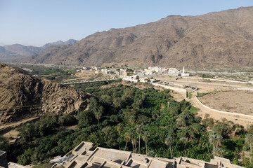View from the Thee-Ain heritage site in Al-Baha, Saudi Arabia towards the village of the same name - 427612612