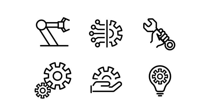 Engineering, development and innovation icon set in outline design. Micro animation, cartoon, clip art, alpha channel.