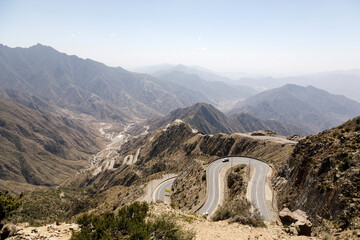 Steep, winding road to the high plateau of Abha in the southeast of Saudi Arabia - 427613285