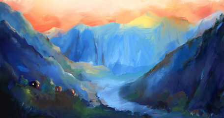 Concept art village in the mountains at sunset. Background of mountainous terrain.