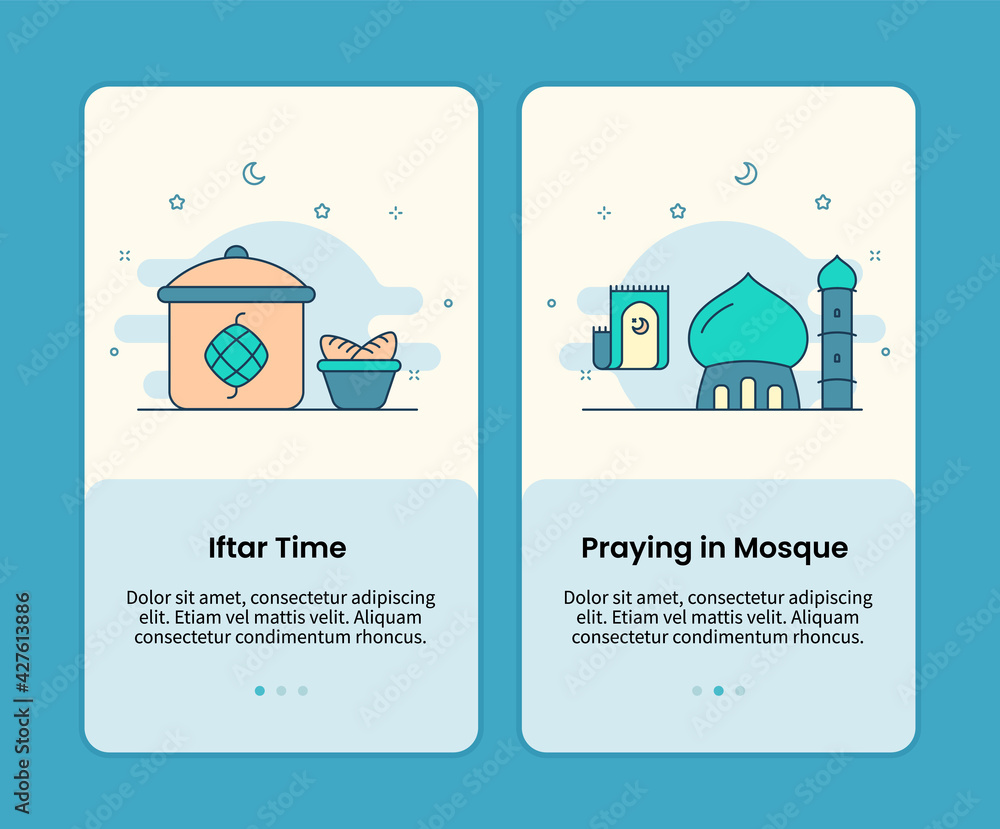 Poster iftar time and praying in mosque design onboarding design mobile page screen app