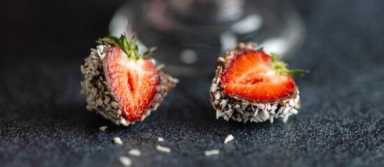Strawberries with chocolate and coconut. Banner. Close-up.