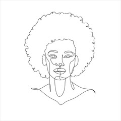 Line Art Woman Face Drawing. Black Woman Vector. Afro American Female Logo. Contouring Line. Minimalist Face. Beauty salon