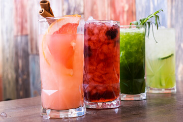 Non-alcoholic fresh juices and lemonades. Alcoholic cocktail menu. Photo refreshments.