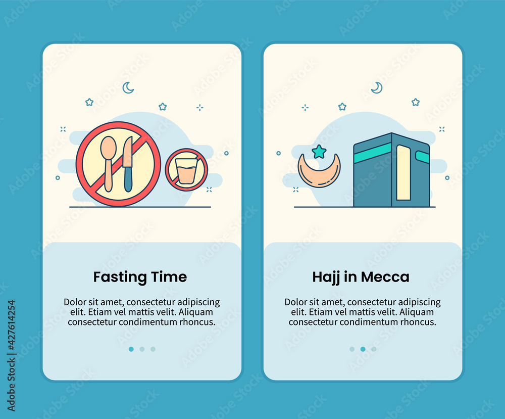 Poster fasting time and hajj in mecca design onboarding design mobile page screen app
