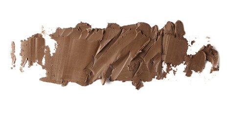 Smeared brown wet modelling clay splatter isolated on white background, top view