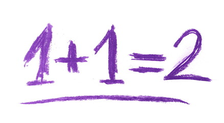 Simple mathematical equation written with purple chalk isolated on white background