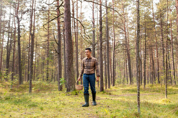 Fototapeta premium picking season and leisure people concept - happy smiling middle aged man with wicker basket of mushrooms walking in autumn forest