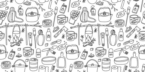 Vector seamless pattern. Camp kitchen equipment on white background. Great for fabrics, wrapping papers, wallpapers, covers. Doodle hand drawn sketch illustration black outlines.