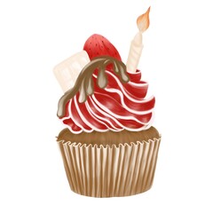 Bright colorful illustration, dessert cupcake with red cream, chocolate filling, strawberries, candle, chocolate cupcake on a white background isolated element