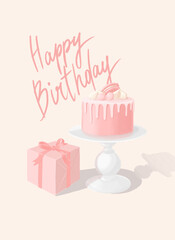 Happy birthday postcard.  Pink present box with cake