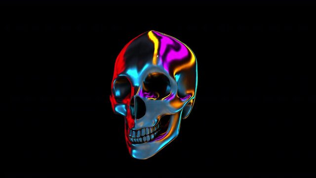 Futuristic seamless animation of a silver rainbow jelly skull. Glowing chrome metal elegant background with alpha channel.