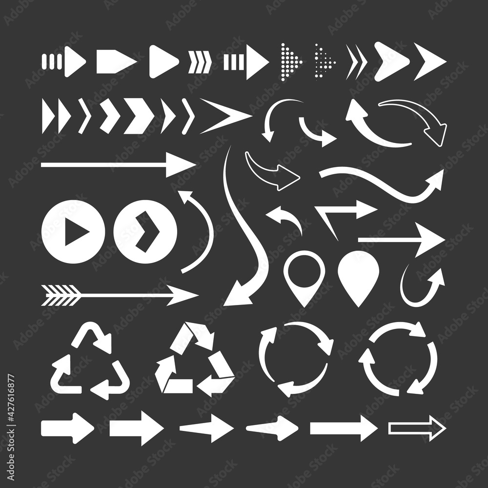 Poster Set of different shape arrows isolated on black background. Vector illustration. Arrow icons.