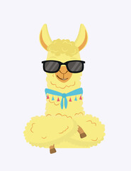 A unisex character. Cartoon fluffy cool llama with a bandage around its neck. Yellow-orange llama. Blue scarf with multicolored fringes. Llama with black sunglasses. Flat vector illustration