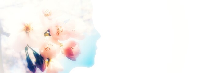 桜の花びらと人の横顔シルエットの合成画像
