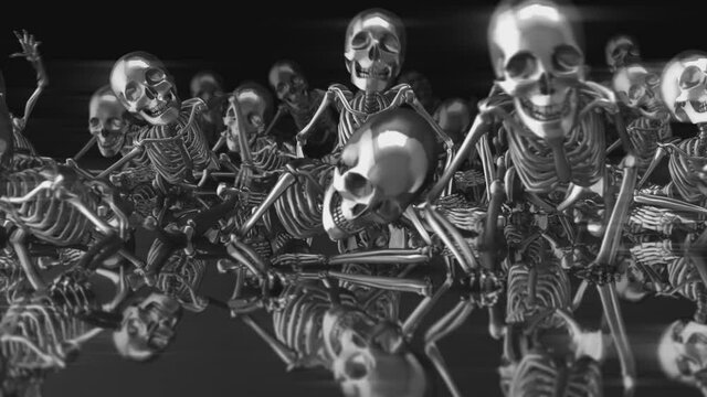 Futuristic seamless animation of silver skeletons. Chrome metal creepy background of crawling skeletons.