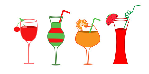 Set of tropical cocktails. Insulated glass with juice or wine drink.