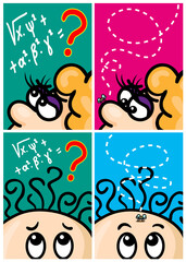 Vector set of humor cartoons, solving problem, fly with line path. Hand drawn. Print illustration