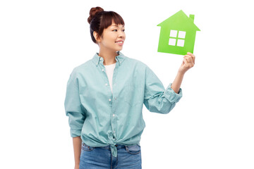 Fototapeta na wymiar eco living, environment and sustainability concept - portrait of happy smiling young asian woman in turquoise shirt holding green house over white background