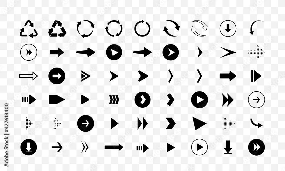 Poster Set of different arrows isolated on checkered background. Vector icons. Arrow shapes.