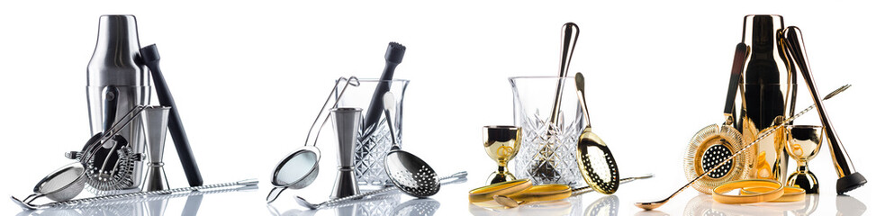 Barman equipment. Shaker, strainer on white, bartender set on white background. Set of bar tools...